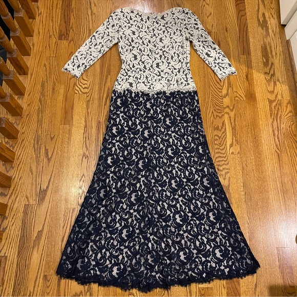 Tadashi Shoji Dark Navy & Ivory Lace 3/4 Sleeve Gown - Picture 7 of 16